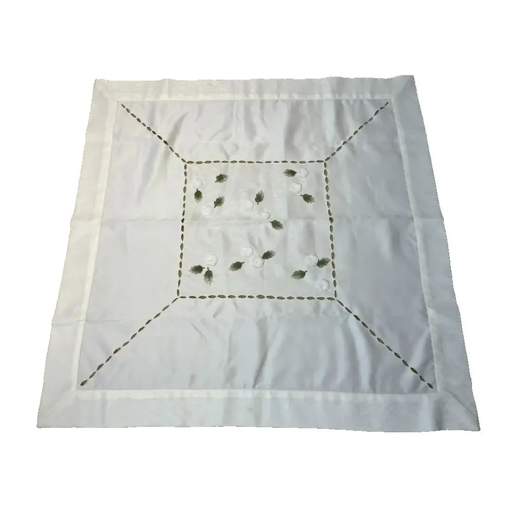 Table Topper White Floral Green Leaf Embellishments Cutwork 39 Inch Square